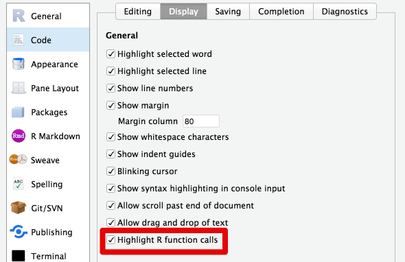 RStudio settings window Code -> Display showing the 'Highlight R function calls' checkbox ticked